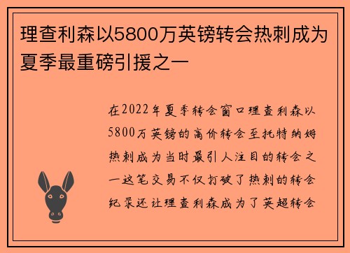 理查利森以5800万英镑转会热刺成为夏季最重磅引援之一
